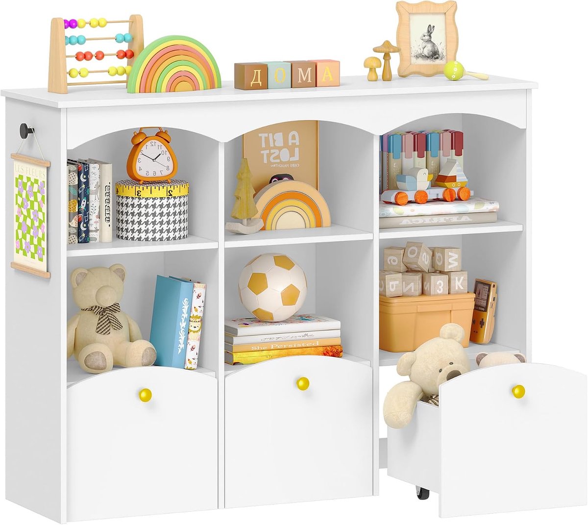 Hzuaneri Kinderkast (103 cm breed), wit kinderkamermeubel, Kast met 3 verrijdbare bakken, 6 open vakken, speelgoedopslag, voor kinderkamer of woonkamer, 30 x 103 x 80 cm