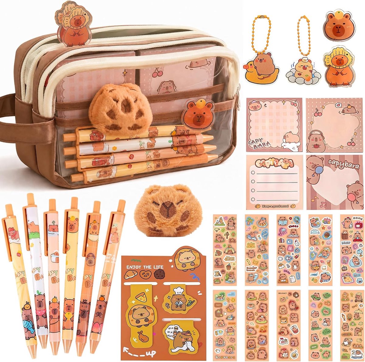 Pennenetui met 29 stuks schrijfwaren - vijf vakken - complete set voor school en kantoor - vrolijke capybara design - ShopVlot