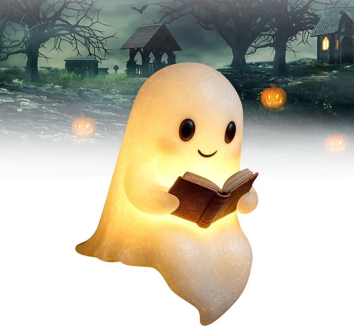 Casalora Halloween Spookbeeldje met LED – Lezend Spook Decoratie van Hars – Tafeldecoratie voor Halloween