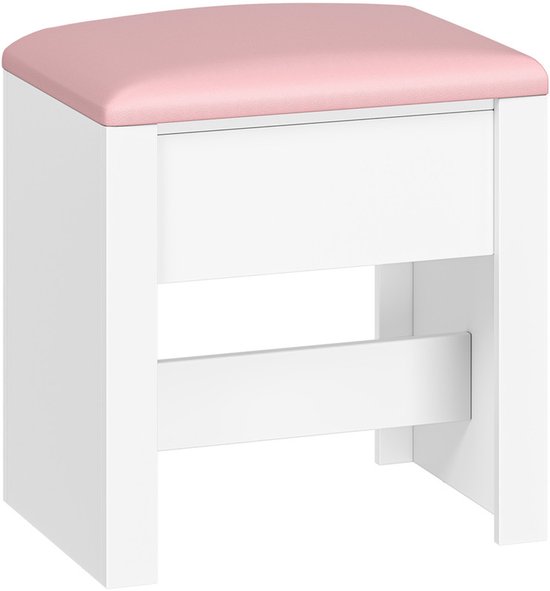 Witte bijzettafel met roze zitting en lade, op een lichte achtergrond.
