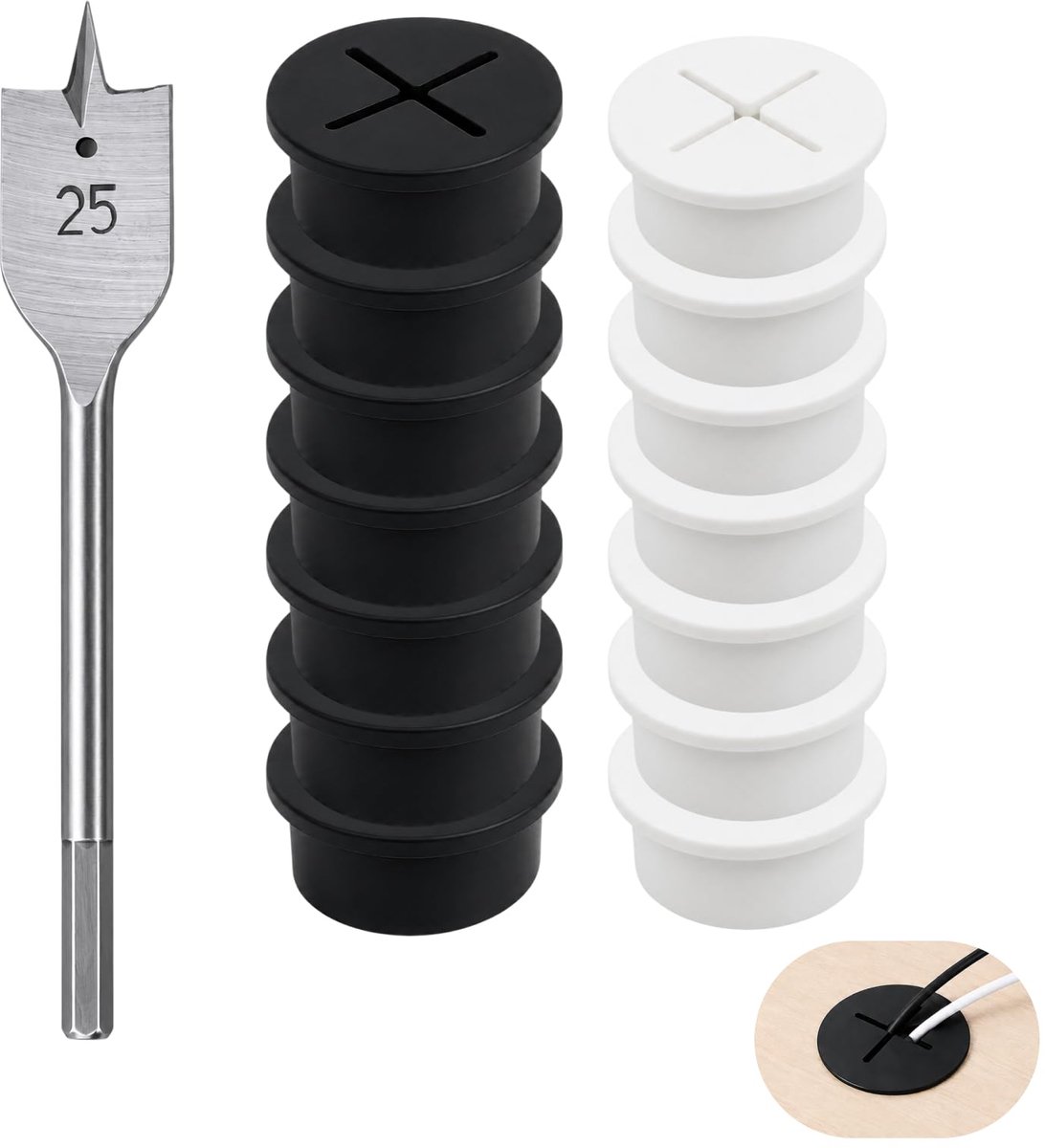 Kabeldoorvoer bureau 25 mm - siliconen flexibele set - wit en zwart - voor een opgeruimd bureau - ShopVlot