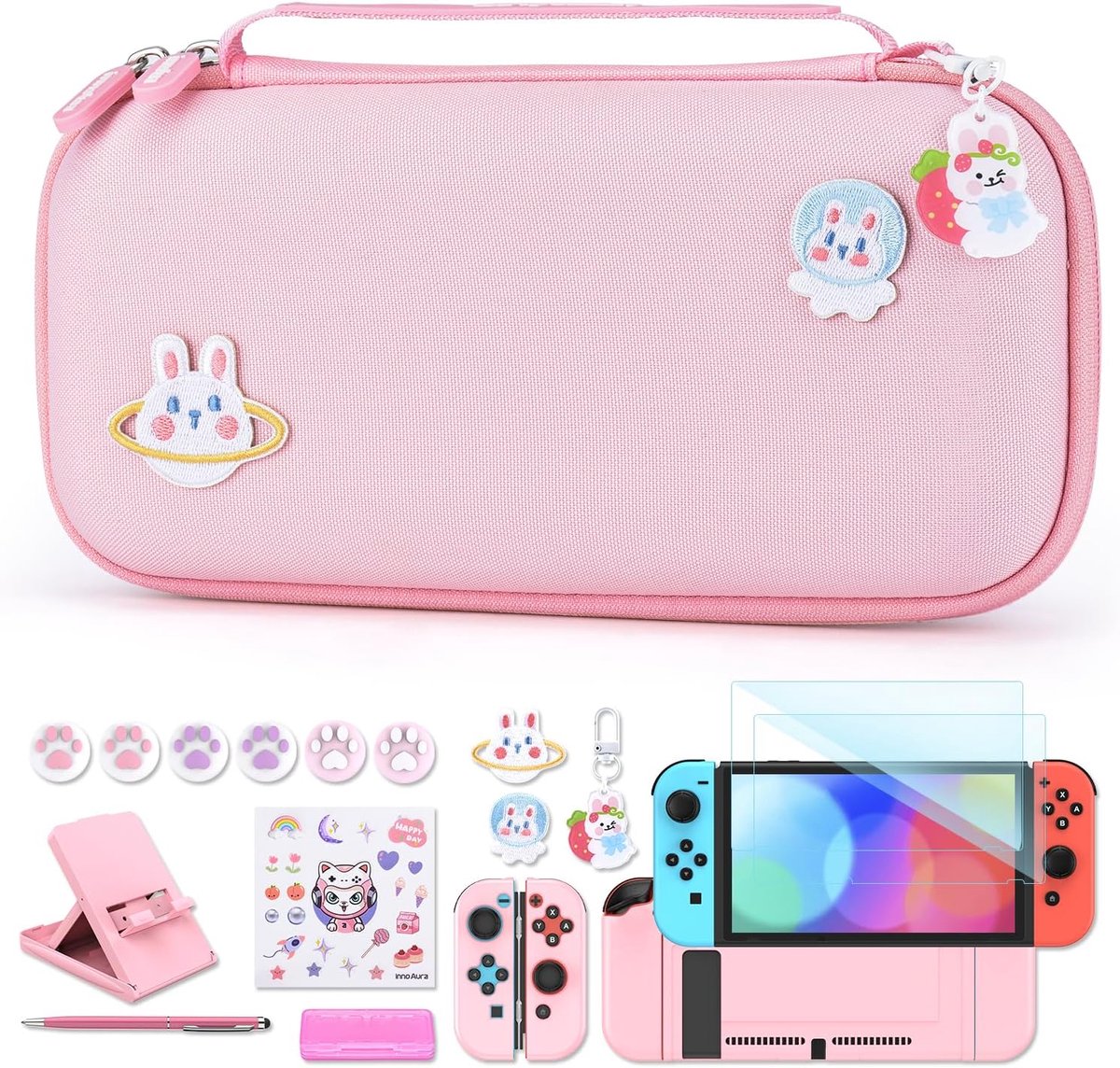 Switch Case voor NS Switch - 18 in 1 Accessoires Bundel - Modern roze - Bescherm en organiseer je games - ShopVlot