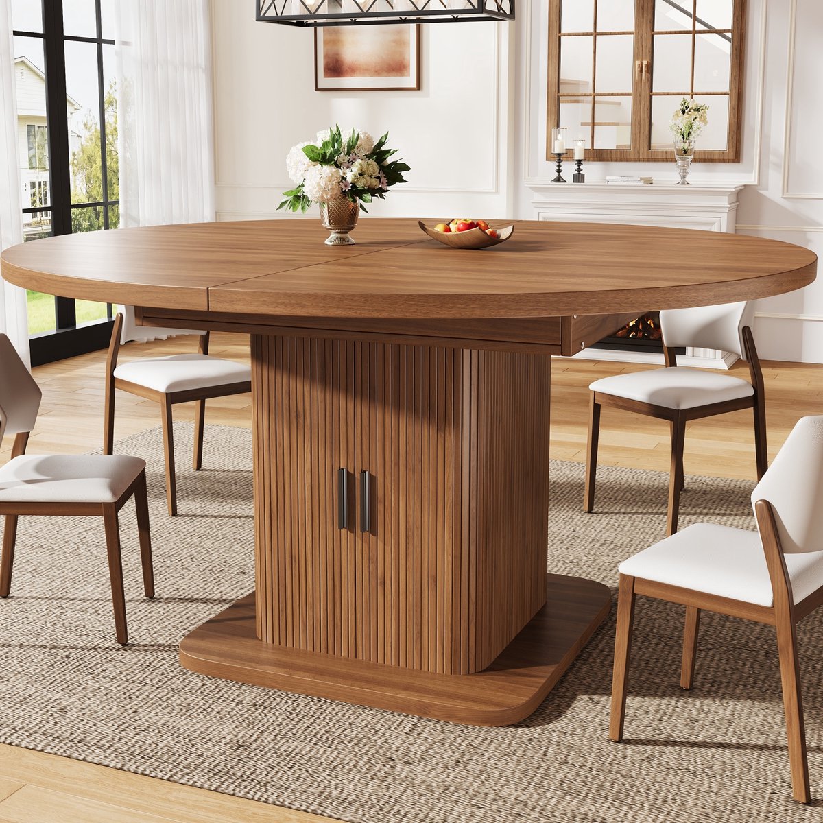 Ovale Uitschuifbare Eettafel Met Opbergruimte En Schuifdeuren - Voor Woonkamer En Eetkamer - MDF En Metaal - Walnoot;Zwart - 110x110x75 Cm