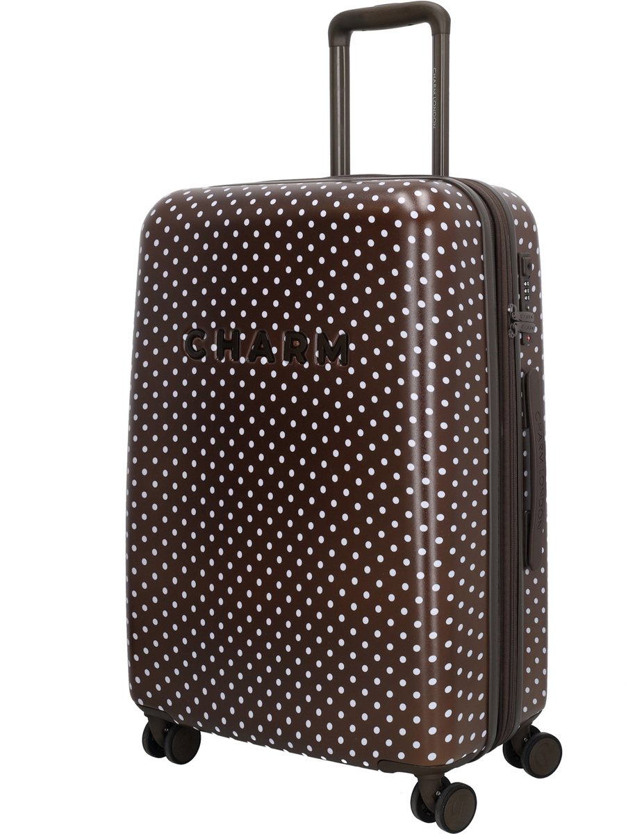 Charm London CapeTown Koffer - Middenmaat - Reiskoffer - Hardcase - Vier Zwenkwielen - TSA Slot - 24 Inch - Dots wit-donkerbruin