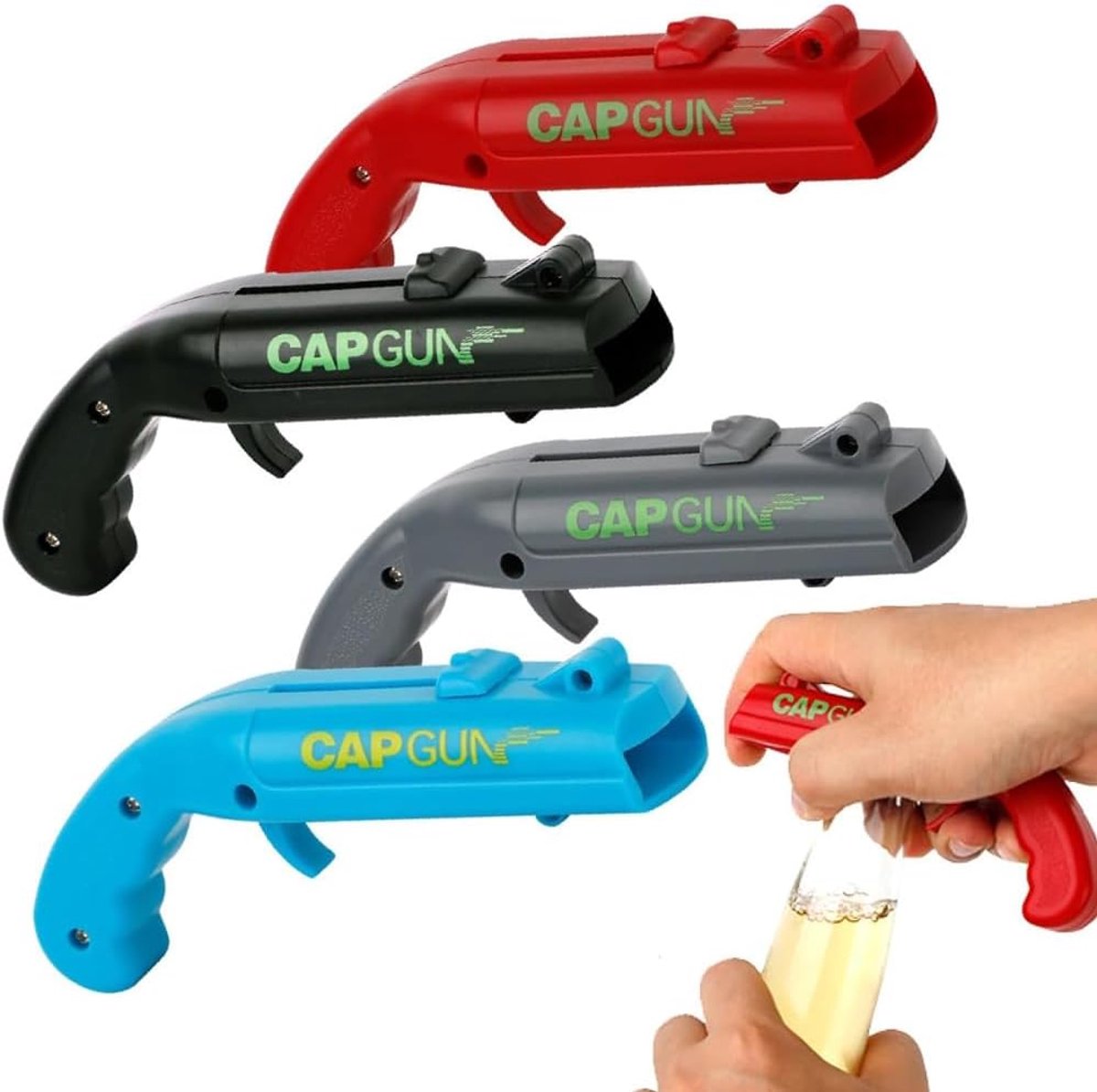 Flesopener-pistool – Set van 4 leuke flesopeners – Slagvast kunststof – Ideaal voor feestjes - ShopVlot