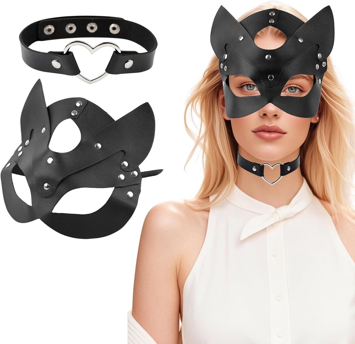 Vrouwen kattenmaskerset met nekwarmer - PU leer zwart - verstelbare kattenoren - ideaal voor Halloween - SnelShoppen