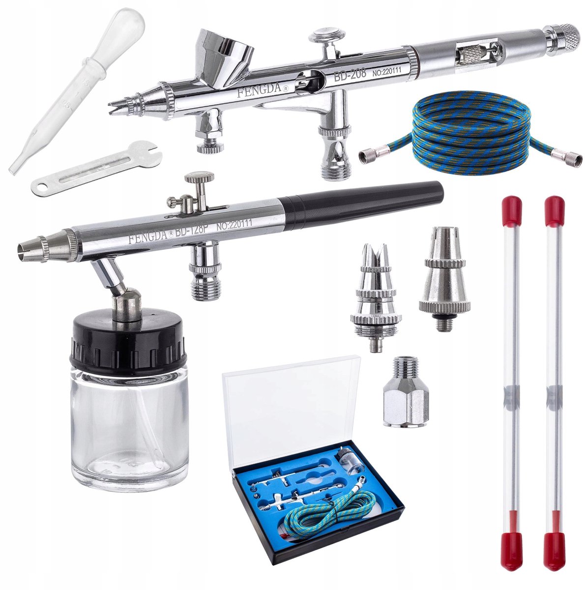 Dubbele Airbrush Set met 4 Spuitmonden en 1.8m Slang