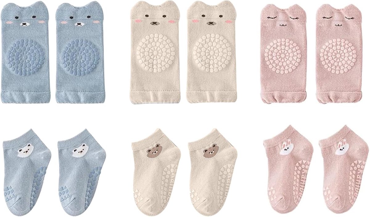 Antislipsokken voor baby's - 3 paar met kniebeschermers - roze, blauw en kaki - veilige grip voor kruipen - SnelShoppen