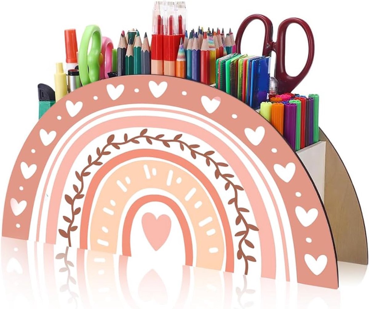 Bureau-pennenhouder regenboog - houten organizer - tafelorganizer met roze hart - ideaal voor kinderen - ShopVlot