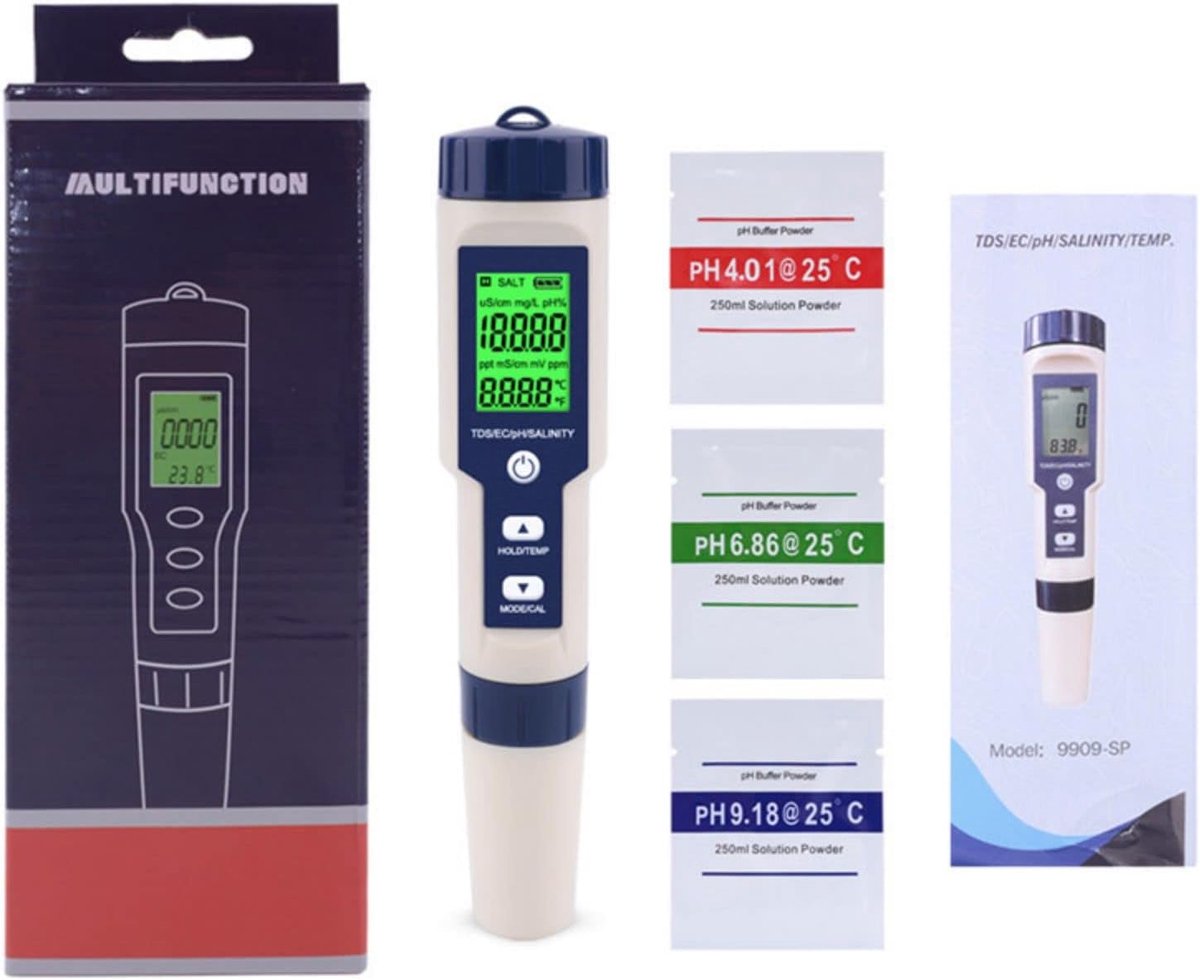 Waterkwaliteitsmeter 5-in-1 - LCD-display met groene achtergrond - pH/TDS/EC/salinity/temperatuur - ShopVlot