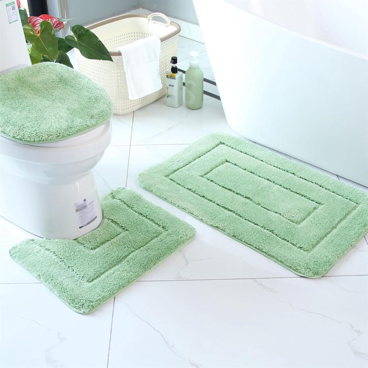 Badkamermatten set 2 stuks anti-slip shaggy zachte vloermatten, U-vormige toiletmat, toiletdekselhoes voor badkamervloer, bad en douche, groen