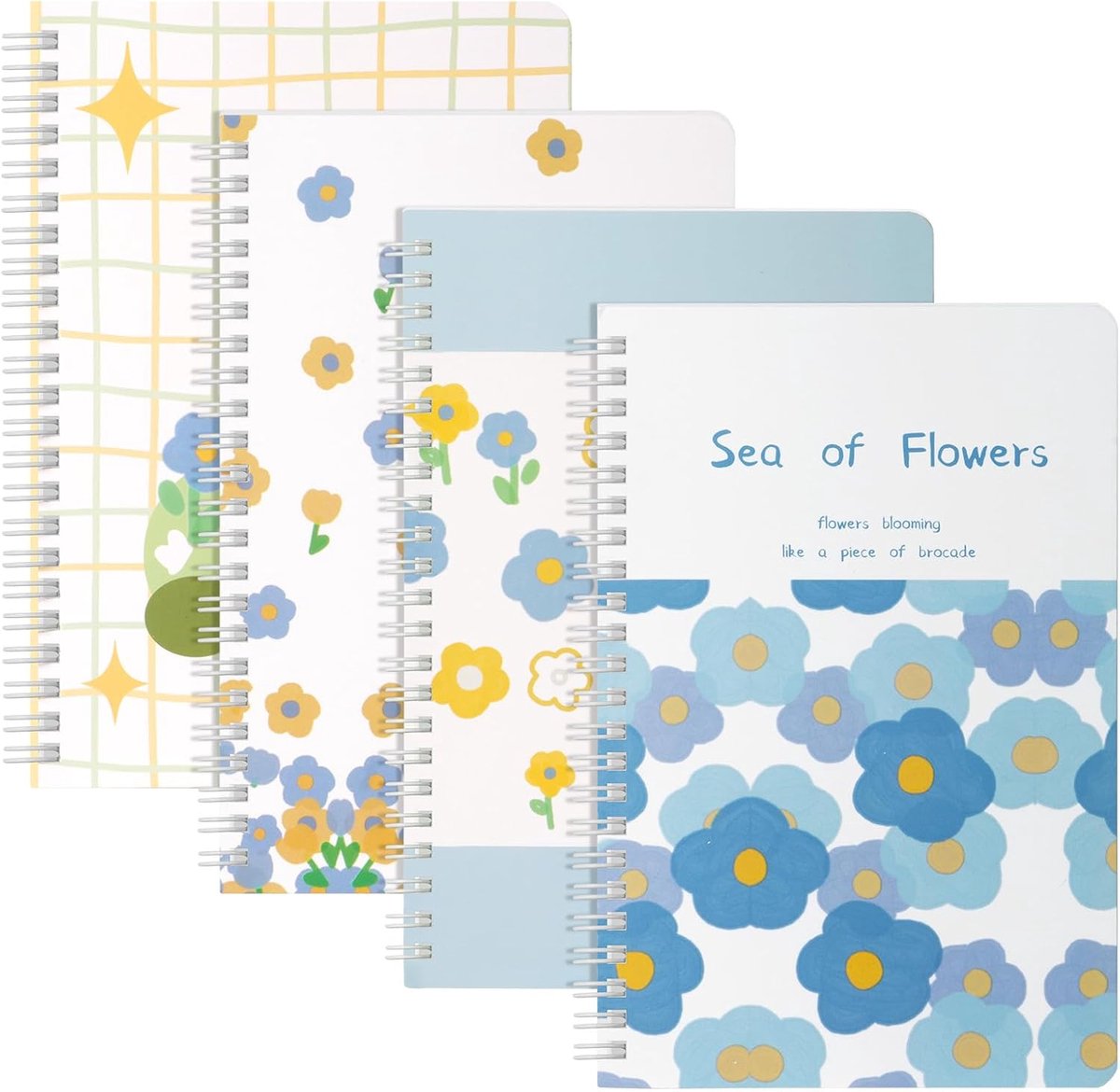 Draadgebonden Notitieboek, 4-pack Spiraalvormig Notitieboek, 120 Pagina's / 60 Vellen Waterdicht Notitieblok Gelinieerd Papier Notitieboek Voor Zakelijk Kantoor Schoolreizen (Zeezout bloemen)