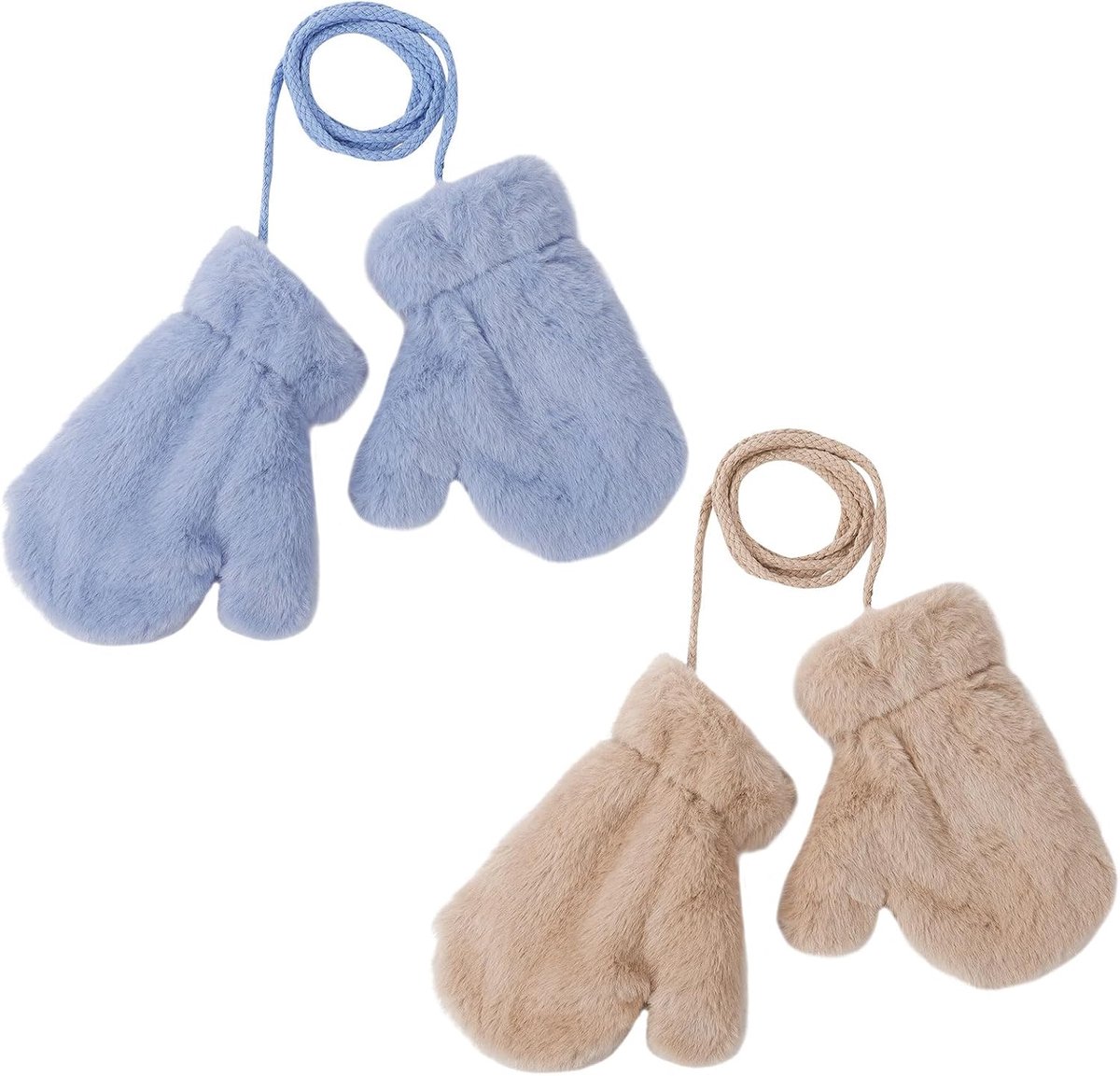 2 paar babywanten met koord voor kinderen, winter, warm, dik, thermische handschoenen met bontvoering, om op te hangen, anti-verlies wanten, peuterwanten, leeftijd 2 - 6 jaar