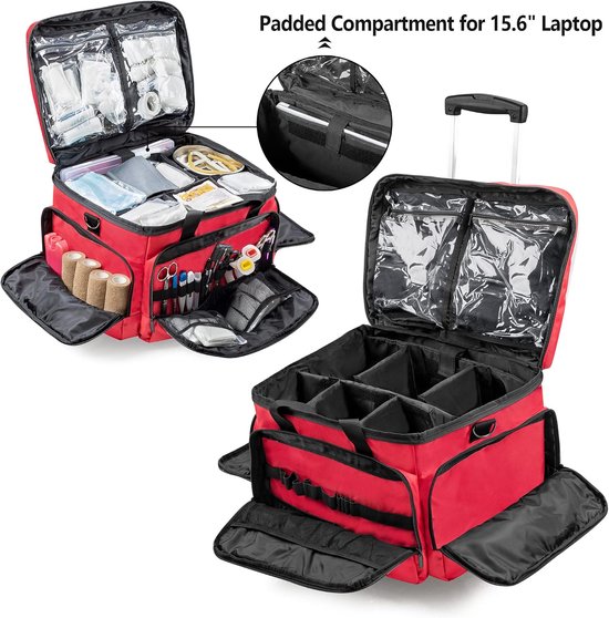 Medische tas met wielen met afneembare trolley, roltas voor verpleegkundigen met afneembare scheidingswanden, lege EHBO-tas voor artsen, EMS-professionals, rood — afbeelding 3