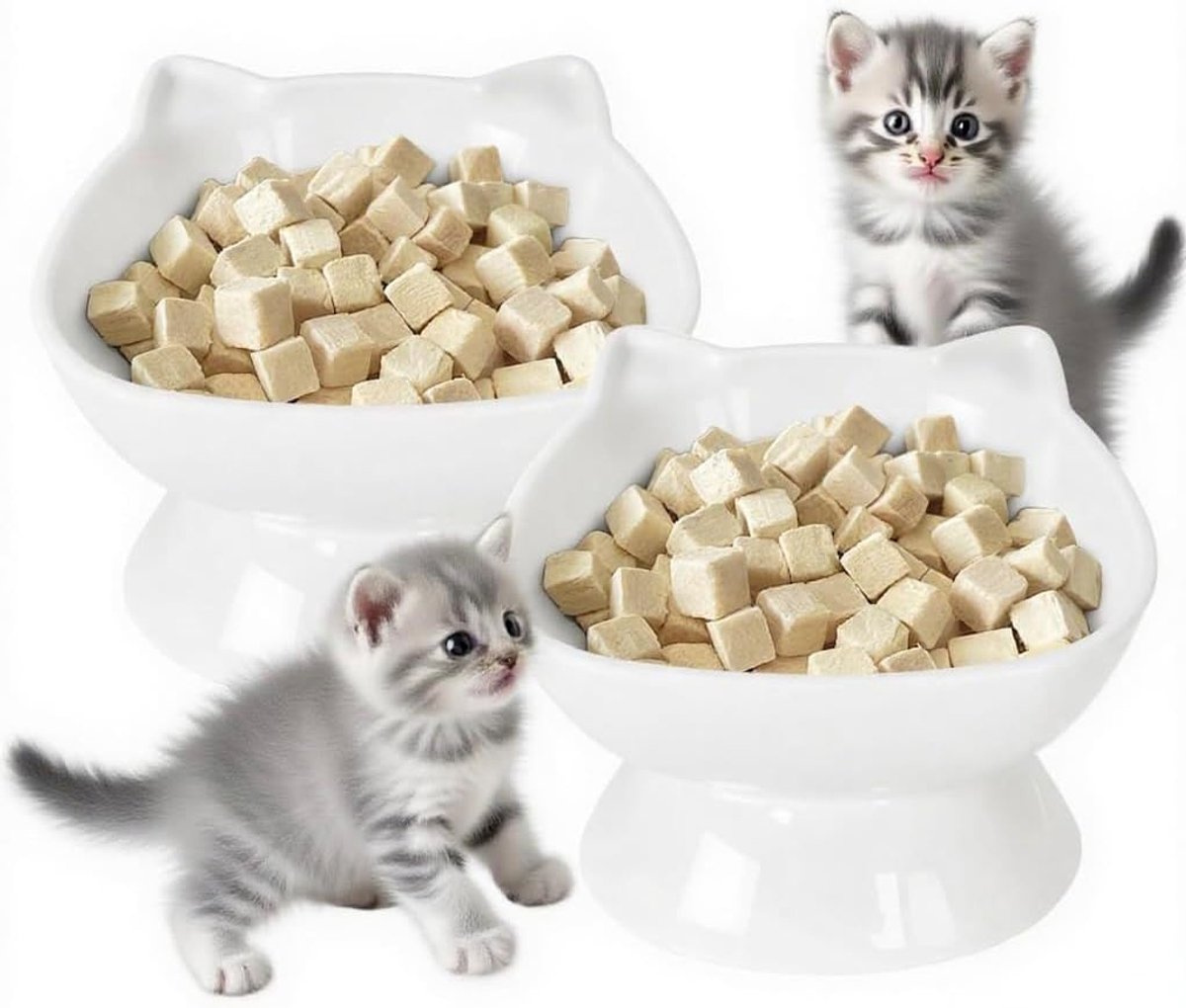 2 stuks verhoogde kattenbak, kunststof voerbak, 15° kantelontwerp, nekbescherming en antislip, geschikt voor katten en honden
