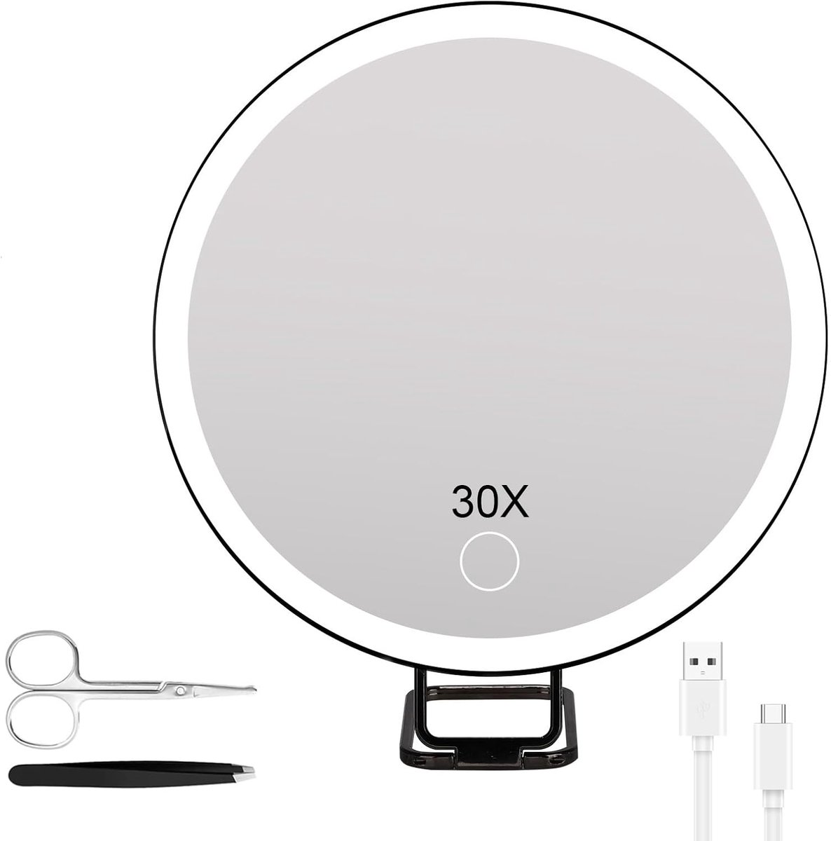 30x vergrotende spiegel met licht, tafelblad oplichtende make-upspiegel, hangend en zuigend, 3 kleuren dimbaar, touchscreen dimbaar, USB-oplaadbaar, ideaal voor kaptafel, badkamer, zwart