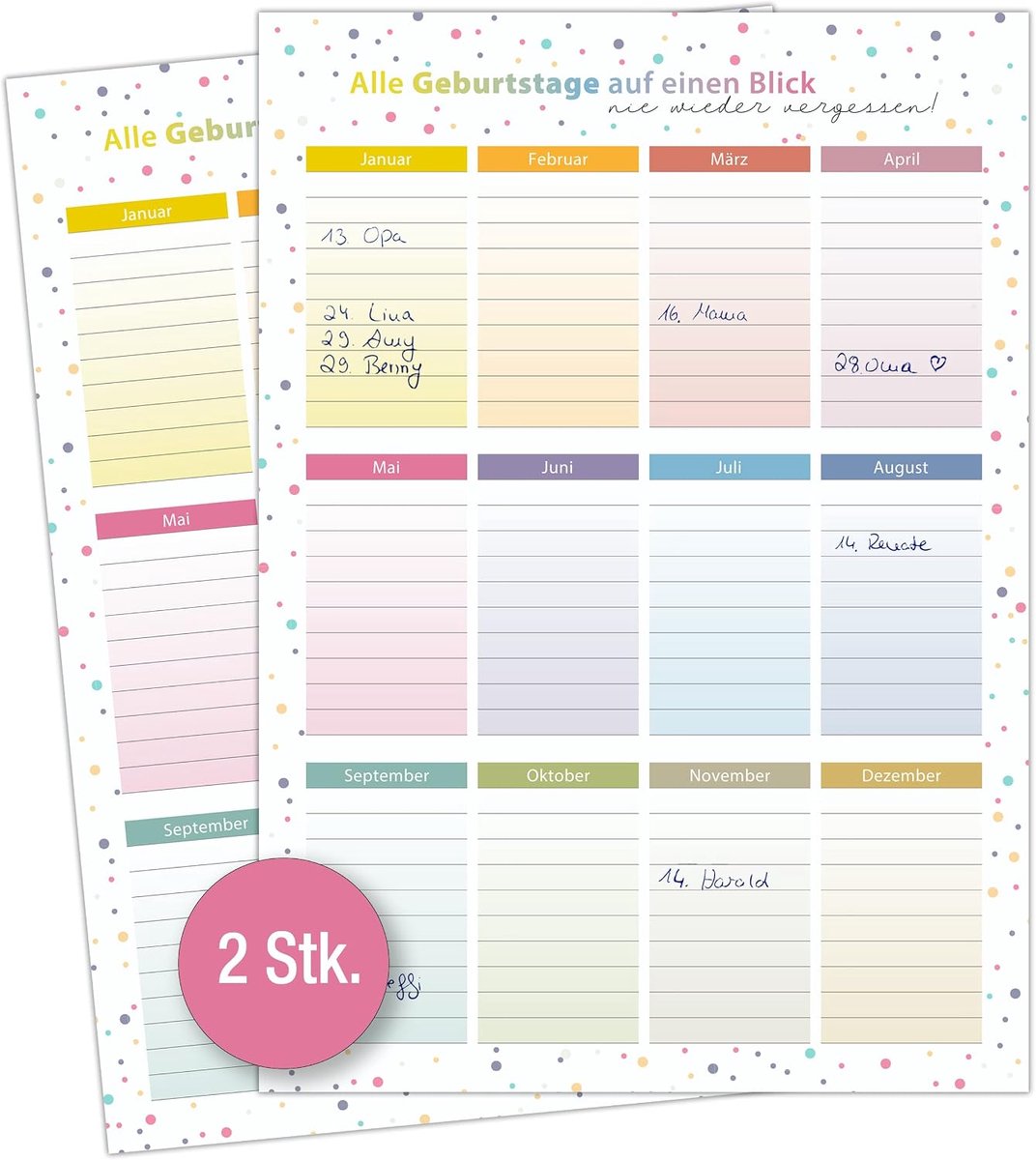 Verjaardagskalender, eeuwigdurende set, 2-delige set in DIN A4, kleurrijk design, verjaardagskalender, onafhankelijk van het jaar, stippen kleurrijk