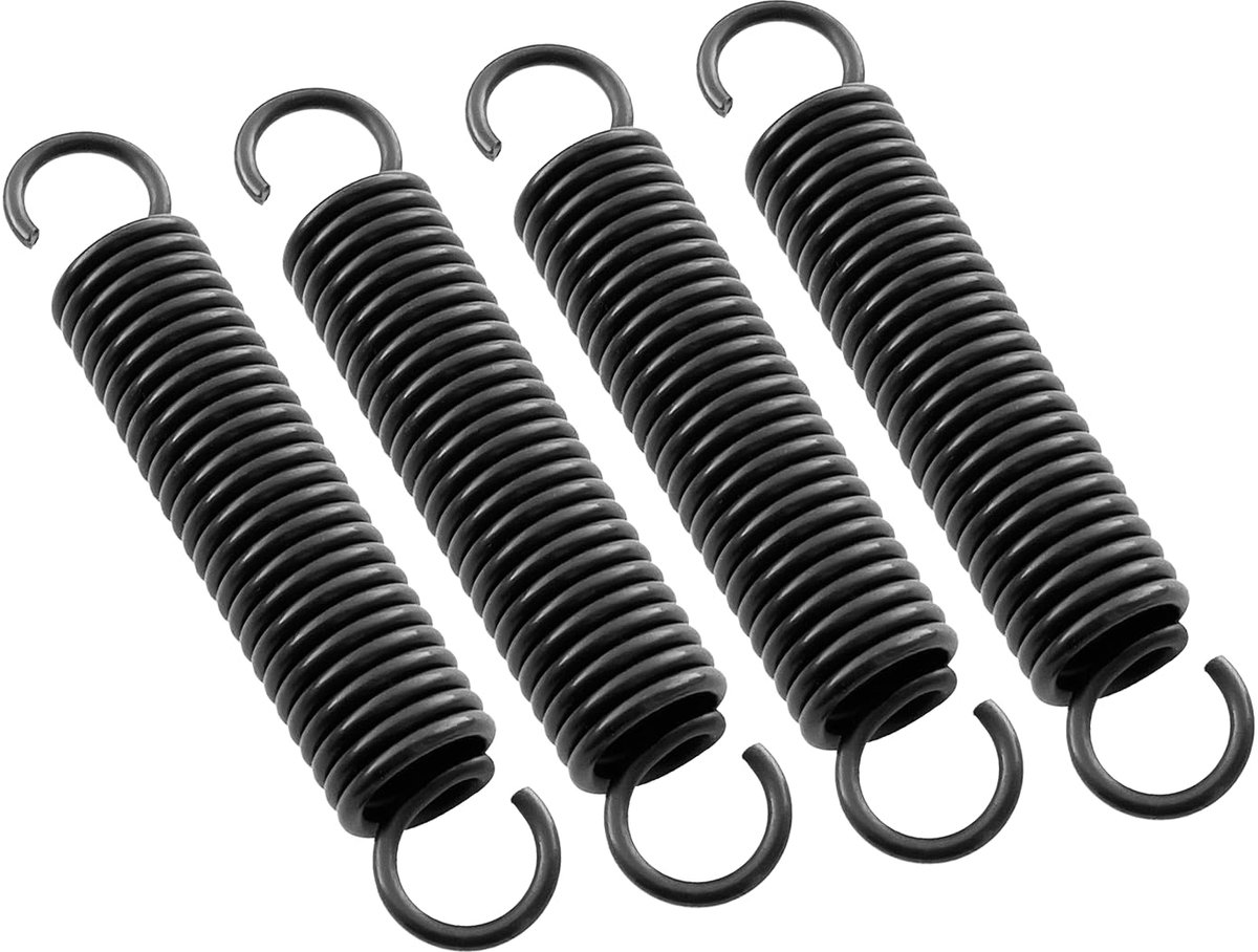 4 x 100 mm stalen veren, veerdiameter 18 mm, draaddikte 2,5 mm, 4 zwarte trekveren met dubbele haken. Sterke en uittrekbare spanners