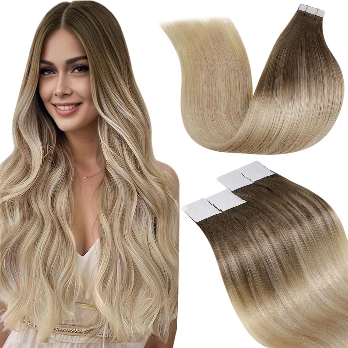 Tape in Hair Extensions Real Human Hair Balayage Lichtbruin tot Donkerblond en Wit Blond 40cm 20pcs 50g #8/18/60