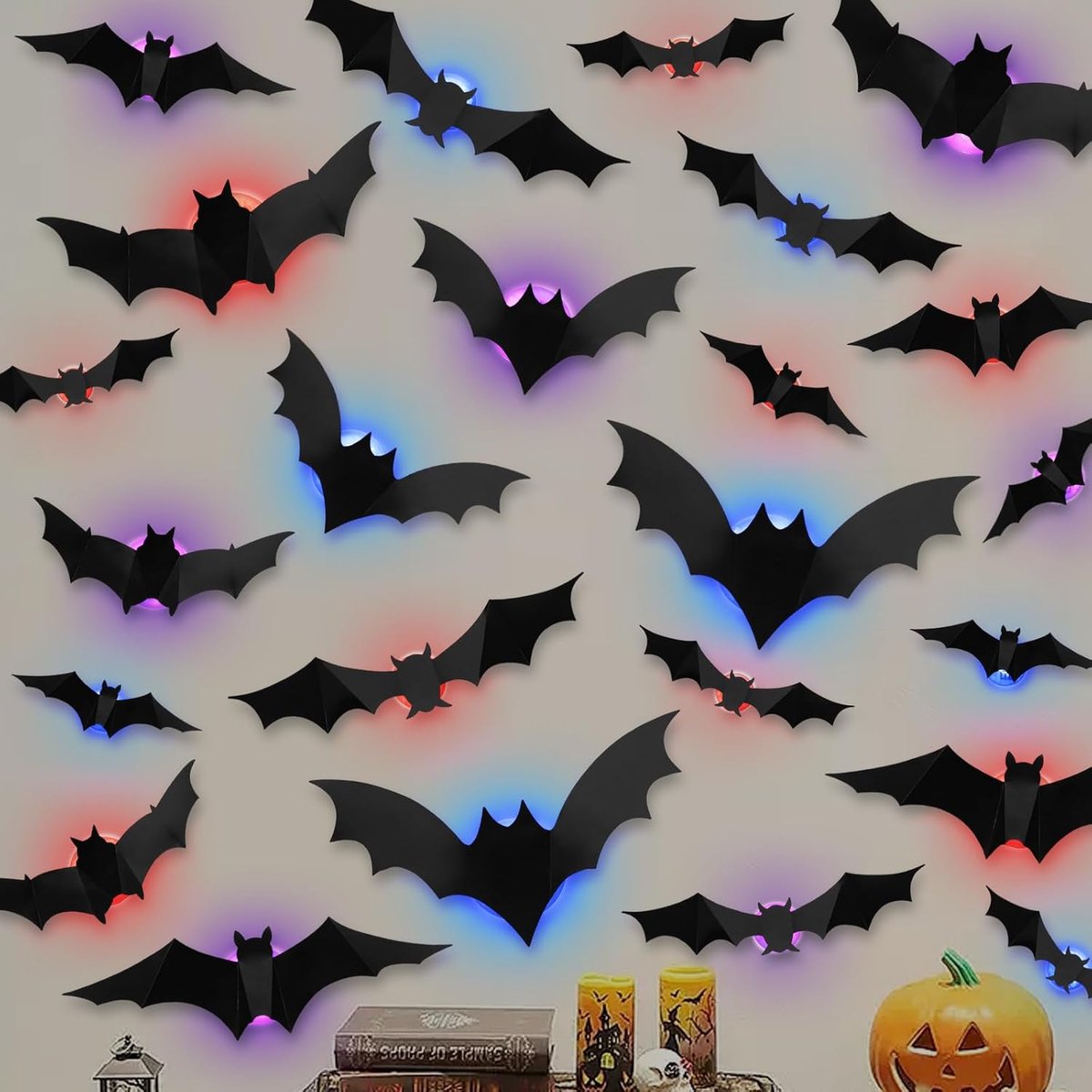 decoratie, 24 stuks led-vleermuisdecoratie, 3D-vleermuismuurstickers, Halloween-decoratie, led-vleermuisverlichting, Halloween vleermuis voor raamdecoratie, slaapkamer, outdoor