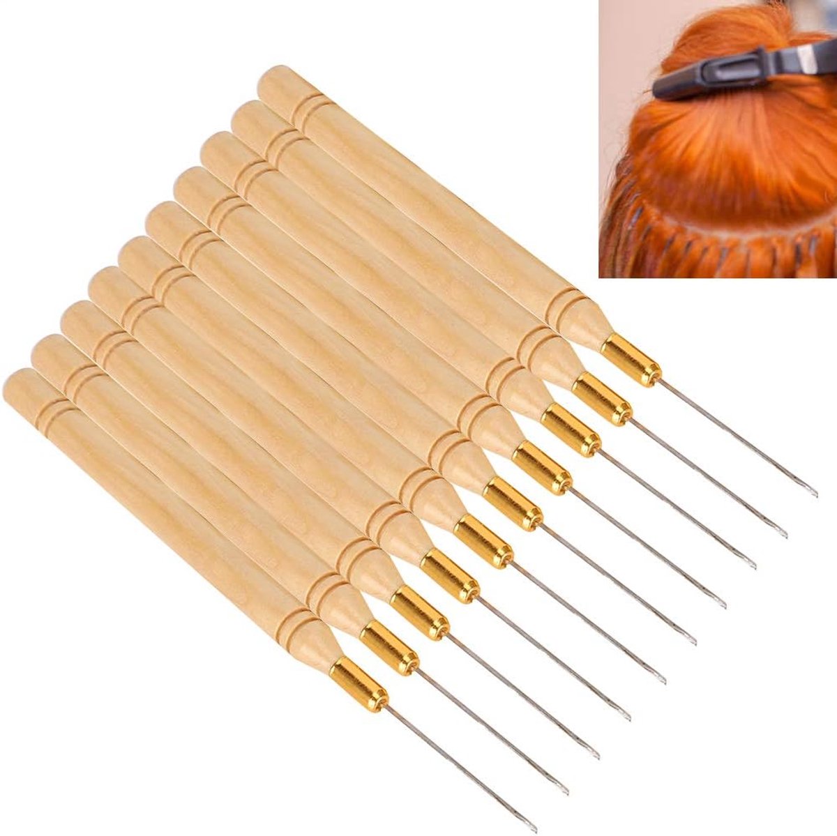 Set van 10 haarverlengingsnaaldjes - Duurzame roestvrijstalen pruikgereedschappen met ergonomische houten handgreep voor eenvoudig stylen van het haar.