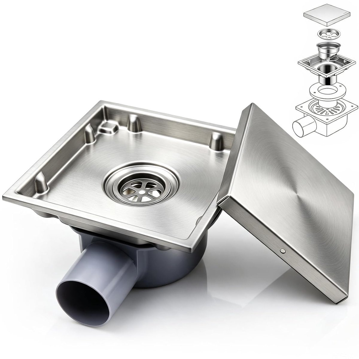 vierkant, roestvrij staal, 15 x 15 cm, vloerafvoer, douche met 360° sifon, geurstop, haarfilter, 2-in-1 doucheafvoer, betegelbare afvoergoot voor badkamer, kelder, binnen en buiten, zilver