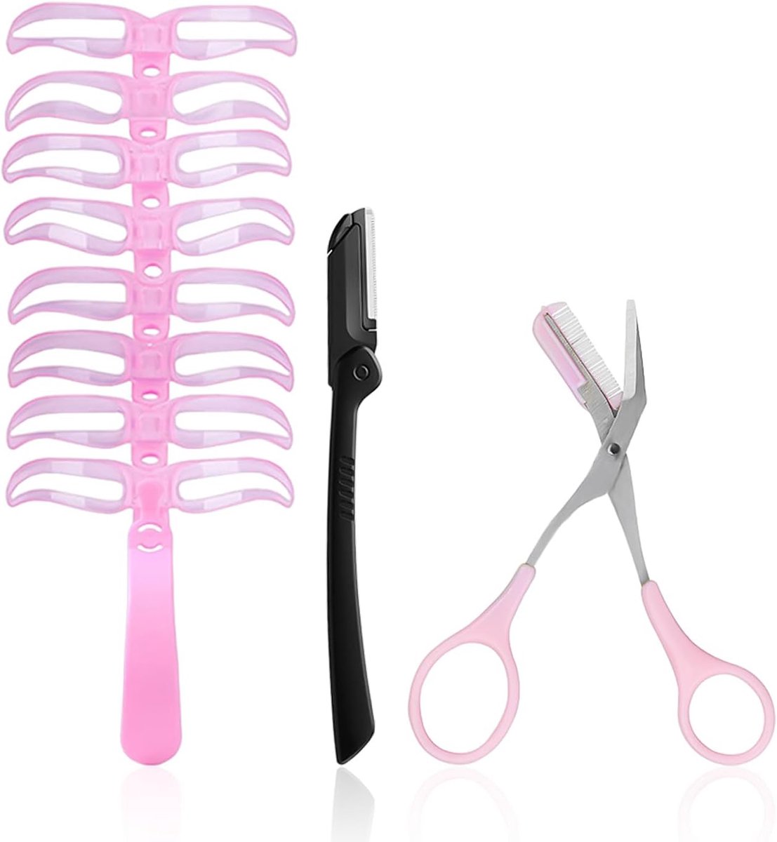 1 Wenkbrauw Spruw Apparaat, 1 Wenkbrauw Trimmen Mes En 1 Wenkbrauw Trimmen Schaar, Wenkbrauw Sjabloon Set, Wenkbrauw Vorm Ontwerp Tool, Geschikt Voor Schoonheid En Verzorging (Roze, Zwart).