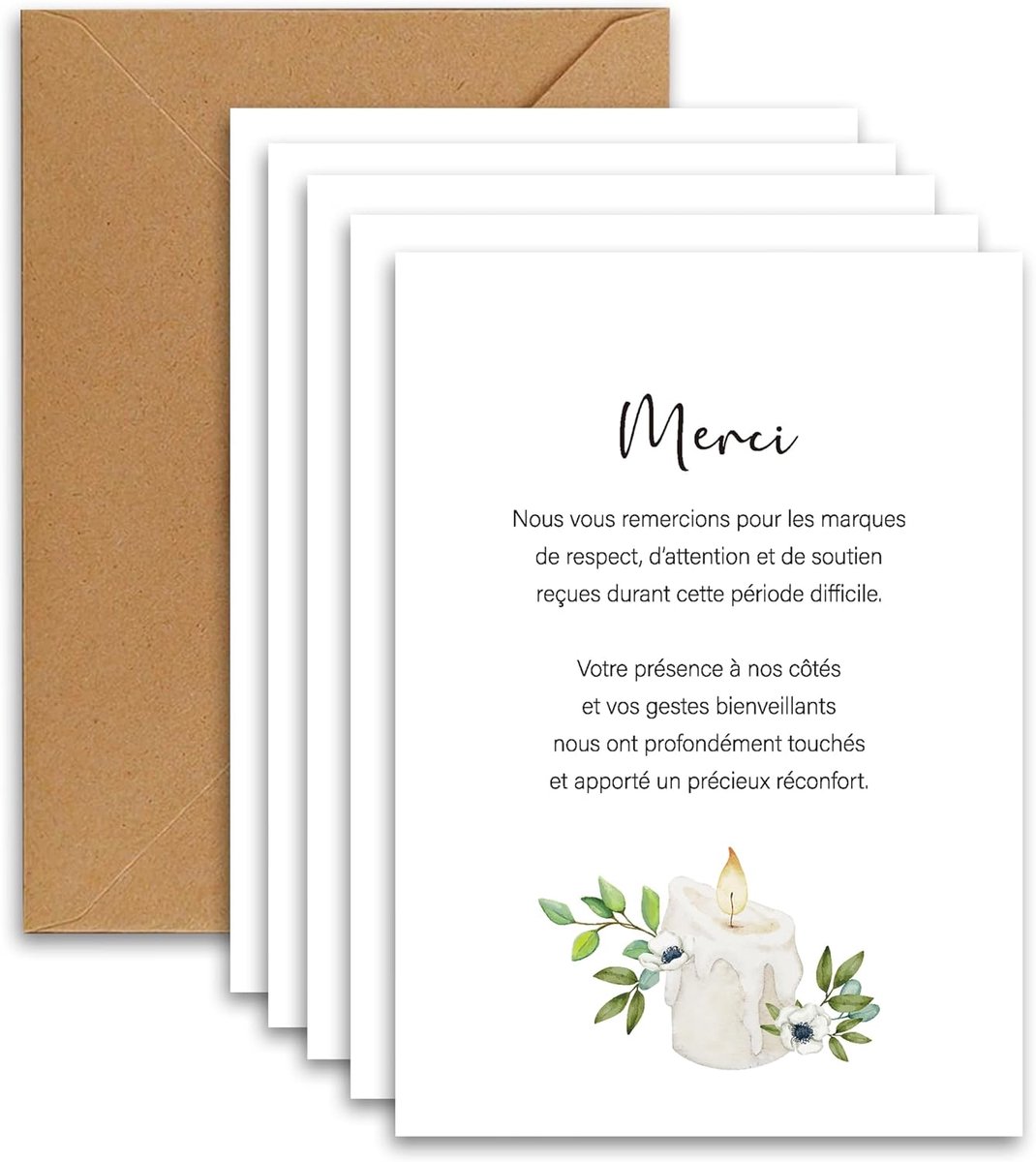 Set van 25 kaarten + 25 witte enveloppen, rouwbedankkaarten, condoleances overlijden, begrafenis of begrafenis, mat papier van hoge kwaliteit in ansichtkaartformaat (groene bladkaars, 50 stuks)