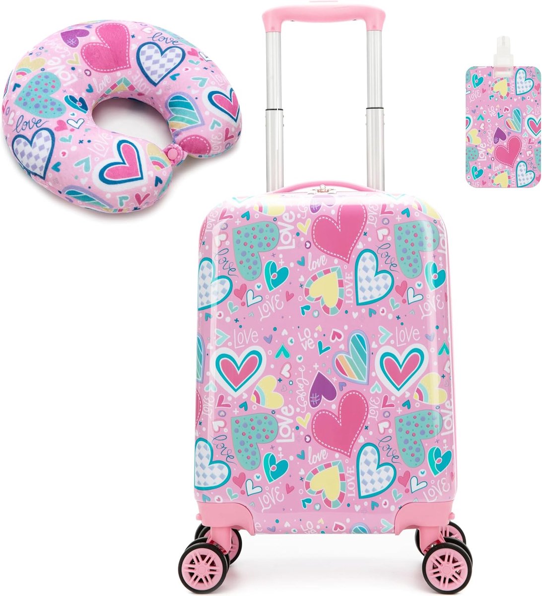 2 stuks kinderkoffer, reiskoffer voor kinderen met reiskussen, bagagelabel, koffer voor meisjes met universele wielen, M
