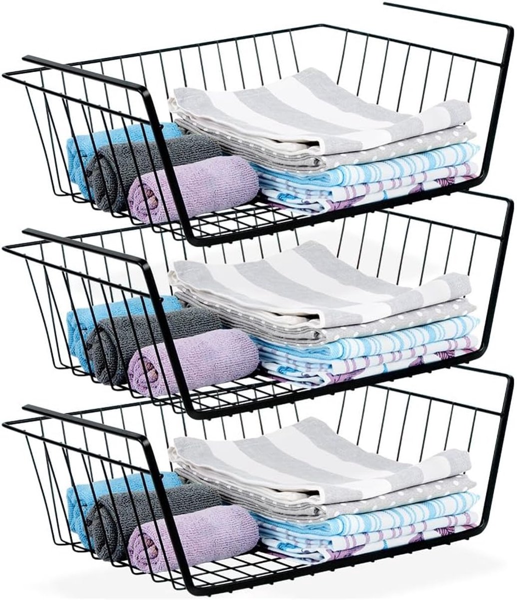 3 opbergmanden, 40,5 x 26,5 x 14,5 cm, metaal, zwart, hangmand voor rek zonder boren, opbergrek, organizer, keuken, kast, kantoor, opbergmand om op te hangen onder plank