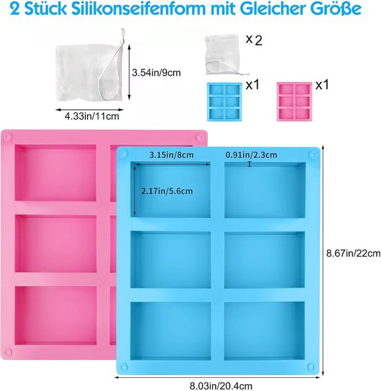 2 Stuks Zeepvormen van Siliconen, Siliconen Zeepvormen Rechthoekig, Siliconen Vormen Zeep, 6-Cavity, Handgemaakte Zeepvormen, Siliconevorm voor Doe-het-zelf Zeep Maken, Handwerk(Roze+ Blauw) — afbeelding 2