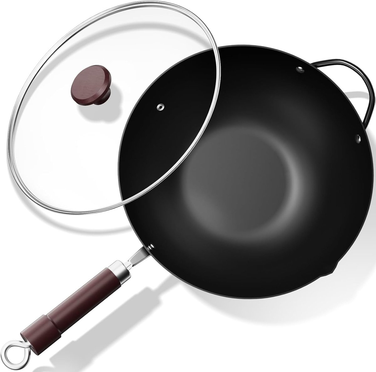 Wok van koolstofstaal met deksel, handgrepen van hout en staal, voor het koken van Aziatische gerechten voor 3 tot 5 personen, platte bodem