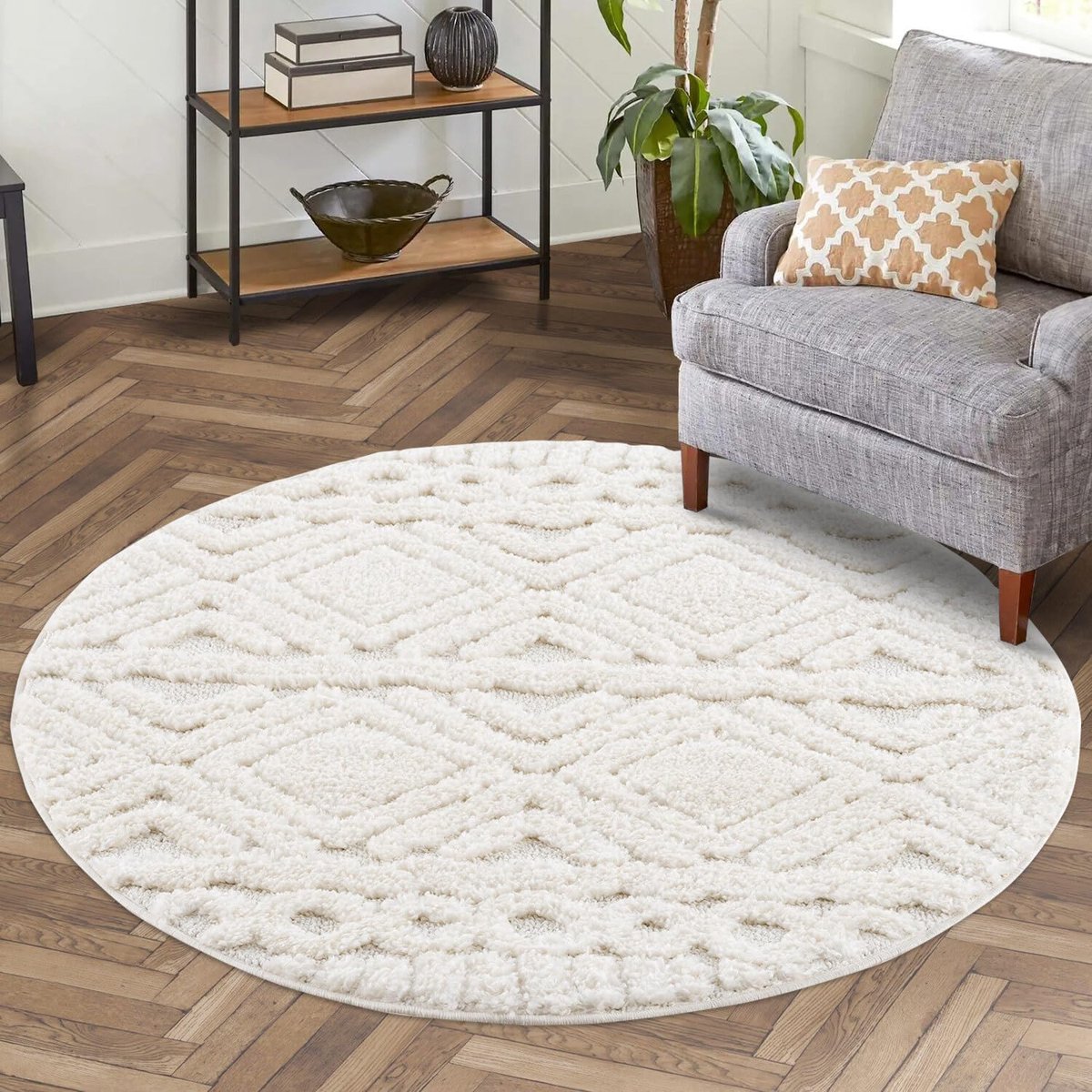 carpet city shaggy vloerkleed, hoogpolig, voor woonkamer, slaapkamer, rond, 200 cm, Scandinavische, landelijke stijl, etno, effen, crème, hoog-diep, 3D-effect, cut-loop tapijt, pluizig, zacht