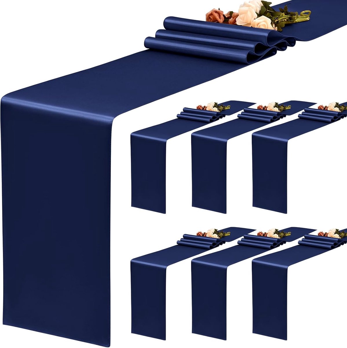 Satijnen tafelloper, 6 stuks, lange tafelloper van zijde, 30 x 180 cm, voor decoratie van verjaardagsbanketten, bruiloftsfeesten, bankettafeldecoratie, marineblauw