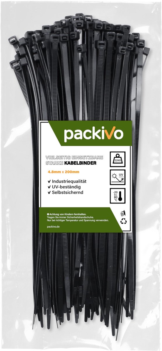 Kabelbinders 200 mm x 4,8 mm - zwart - uv-bestendig - 22 kg treksterkte voor binnen- en buitengebruik - SnelShoppen