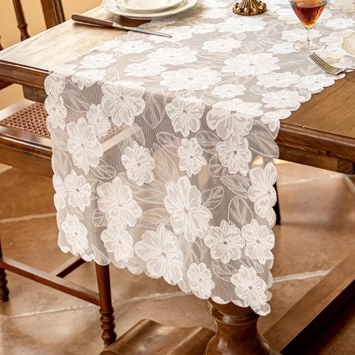 kanten tafelloper, camelia 45 x 180 cm, tafellopers voor eettafel, camelia-bloemtafeldecoraties voor bruiloft, verloving, bruidsfeest, babyshower, verjaardag, keuken, eetkamer, vakantie