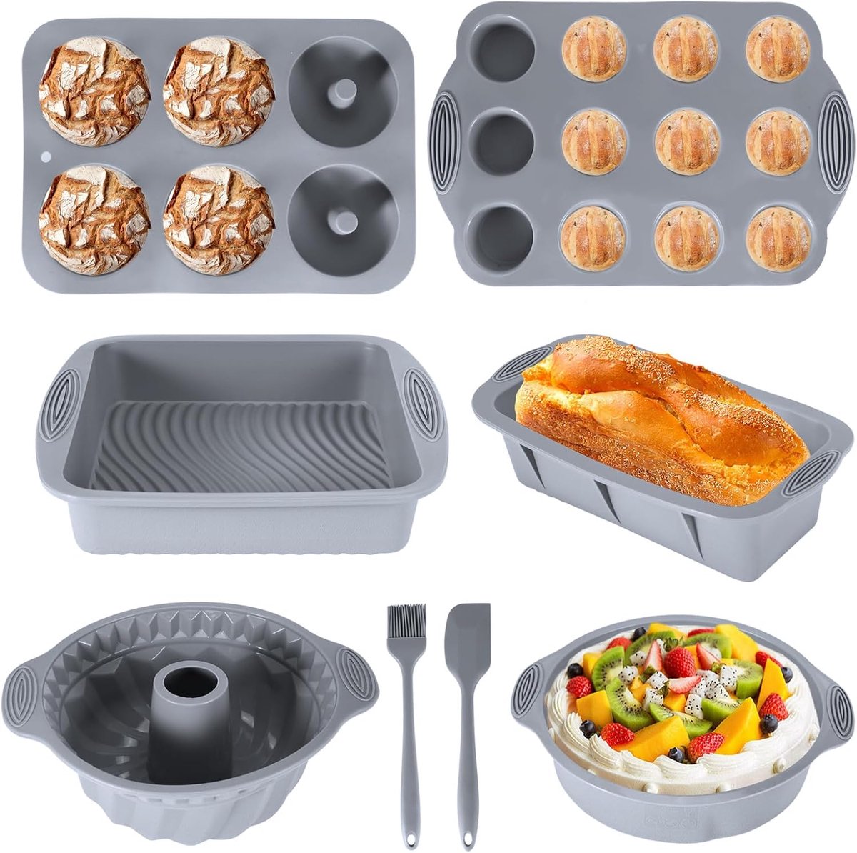 bakvormen, 8 stuks, siliconen bakvormen, gugelhupf broodbakvorm, cakevorm, muffinvorm, springvorm, bakvorm met deegschraper en bakkwast voor bakken, brood, toast, cake, cupcake, muffin