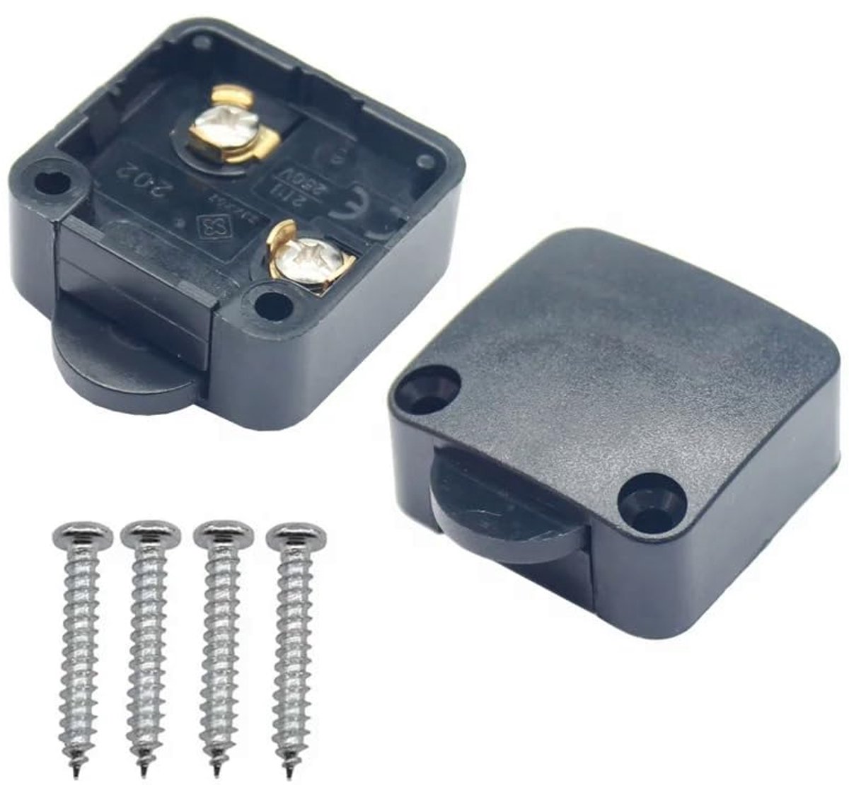 2 stuks deurcontactschakelaars voor kledingkasten, bergruimtes en andere deuren, barschakelaar, kastschakelaar, 250 V 2 A, vierkant, 3,4 x 3,2 x 1,6 cm, zwart