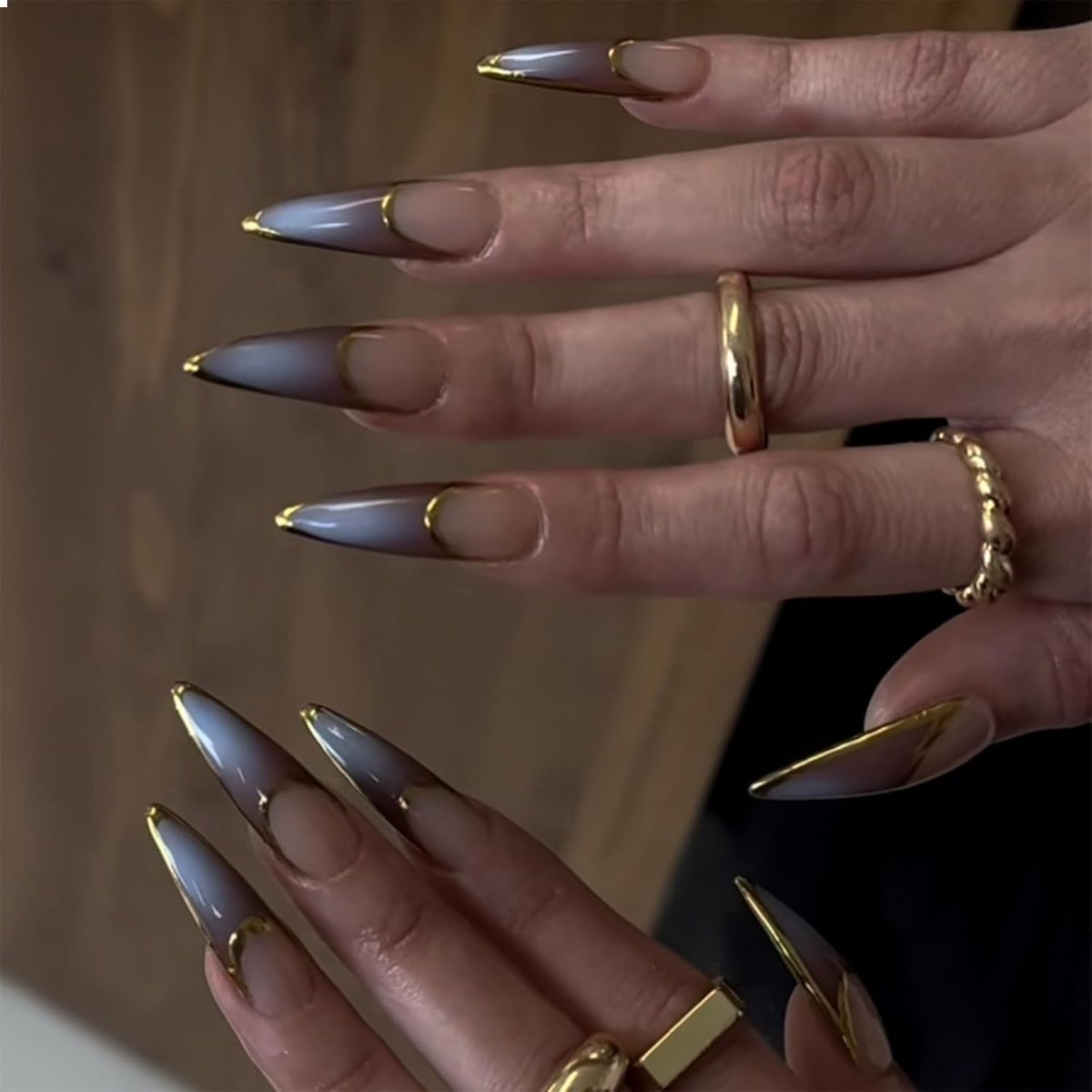 Lange stiletto Press-on nagels Franse kant bruin ombré lijm nagel chroom acryl nagels amandel volledige dekking gel kunstnagels 24 stuks