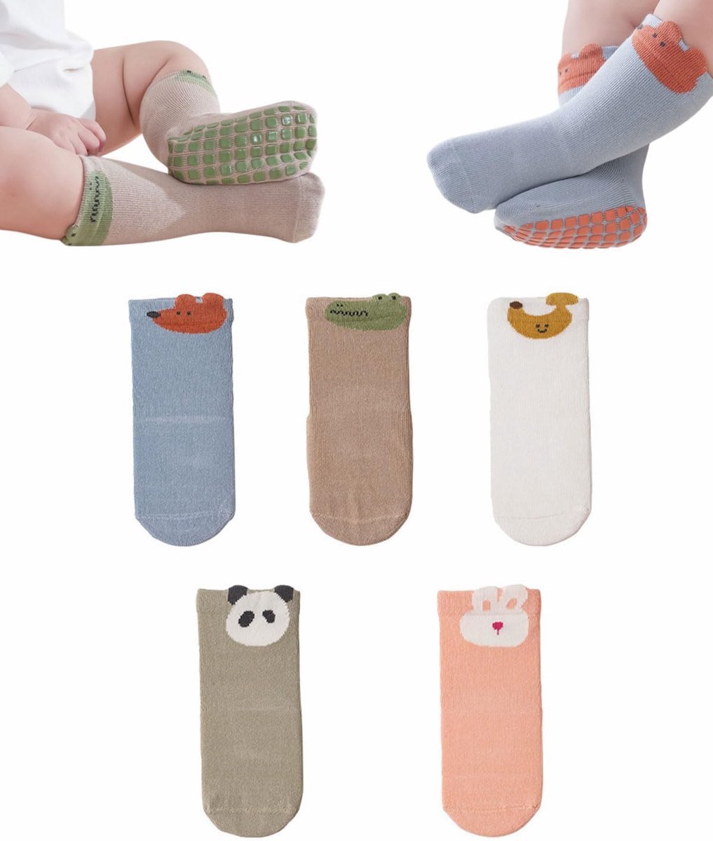 Sokken Kinder Baby, 5 paar ABS Atmungsaktiv Antirutschsokken Kinder, Krabbelssokken Baby Katoen, Jungen und Mädchen Crew Socken mit Tieren(1-3 jaar oud)