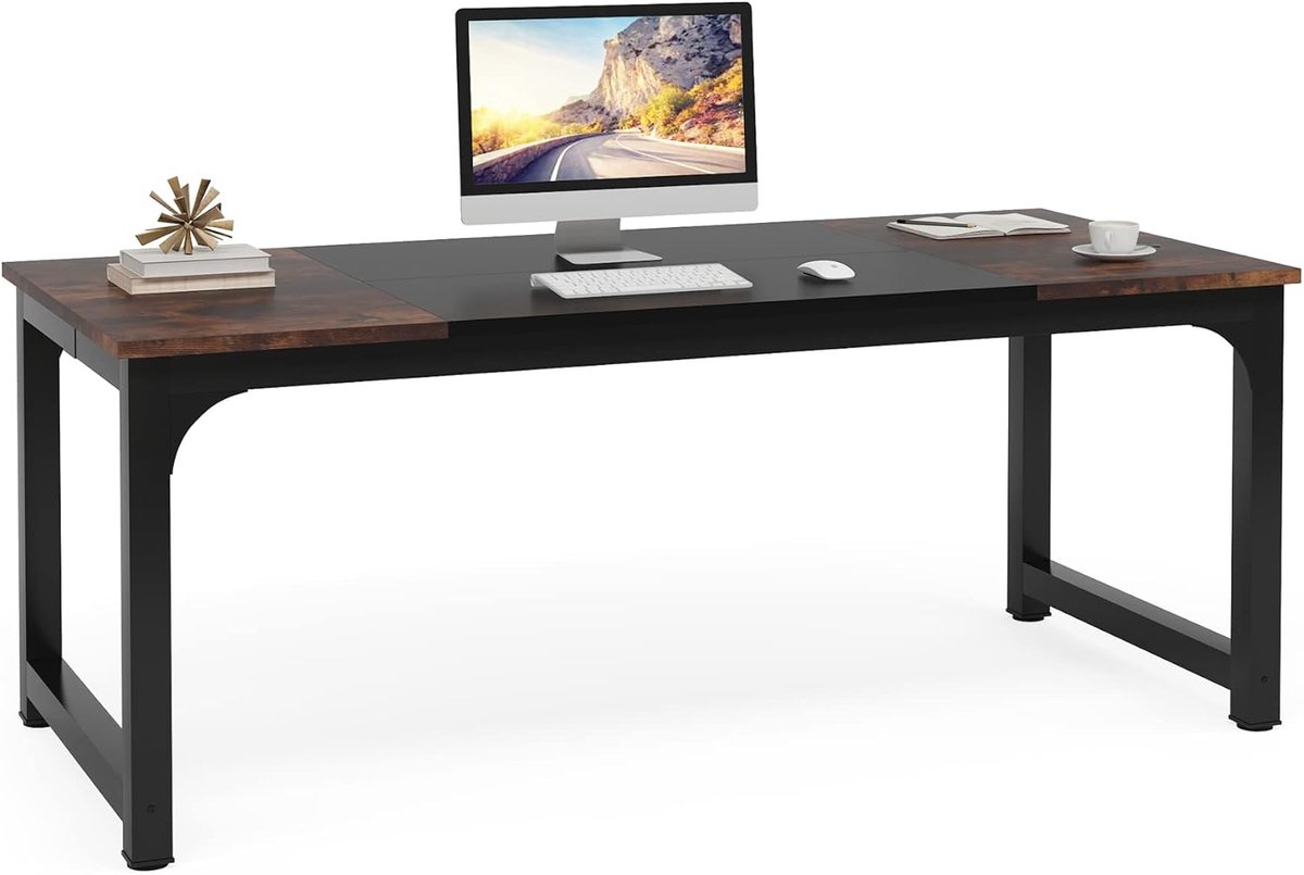 Modern computerbureau, 180 x 80 cm, groot bureau, computertafel, studiebureau, werkstation voor thuiskantoor, zwart metalen frame