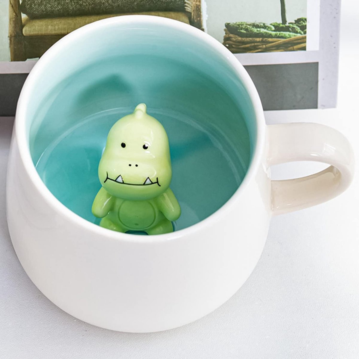 Mokken met dinosaurus aan de binnenkant, 350 ml, met lepel en onderzetter, leuke dinosaurus-koffiemok, theemok, als cadeau, verjaardagscadeau