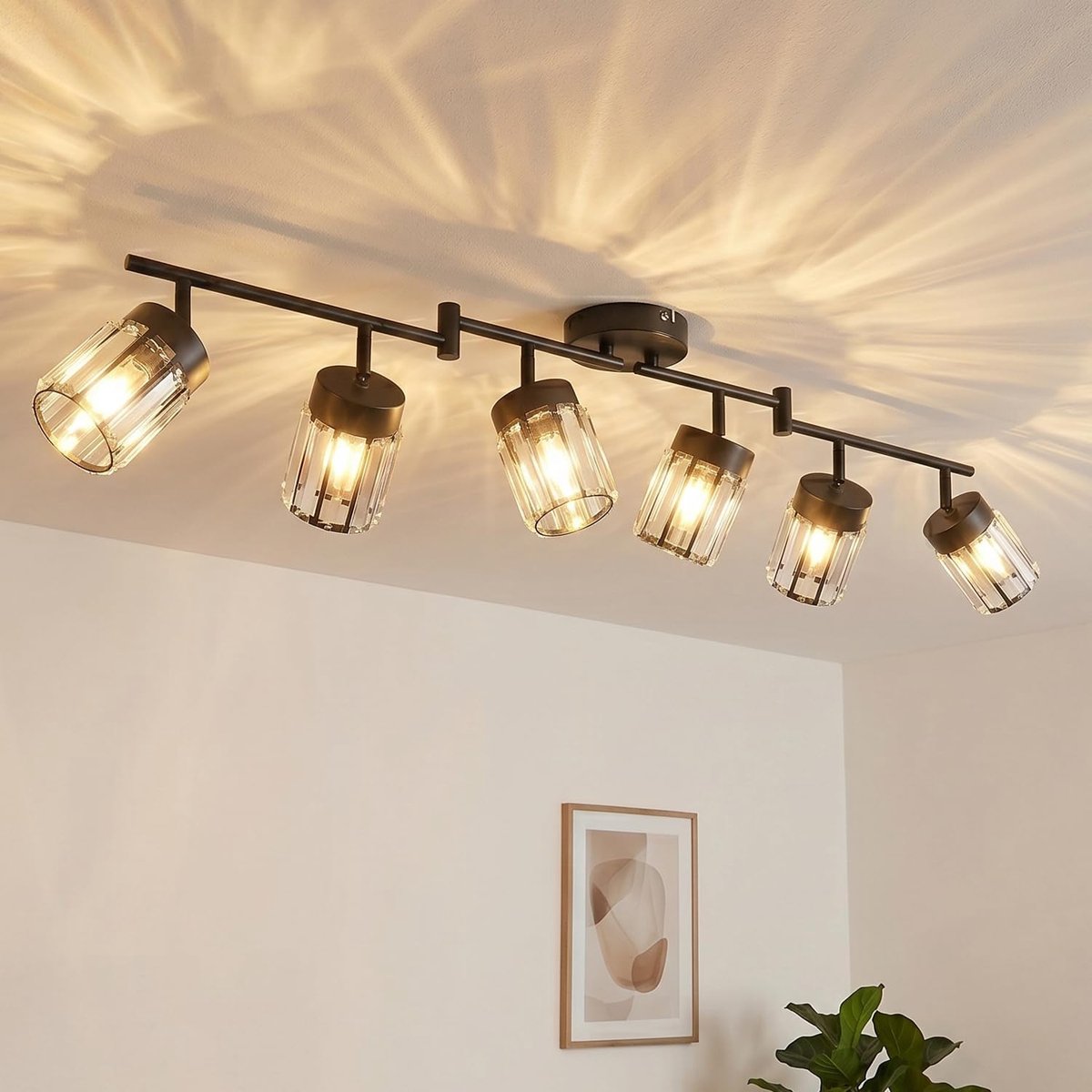 Keukenkroonluchter, plafondlamp met 6 lampen van kristal, lampenkap van glas, E14 plafondspot, draaibaar, keuken, slaapkamer, badkamer (zonder lamp) | kroonluchter keuken