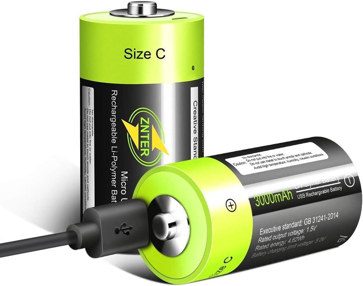 C batterij 2 stuks - oplaadbaar micro USB C - 1.5V, 3000mAh - veilig en langdurig gebruik - ShopVlot