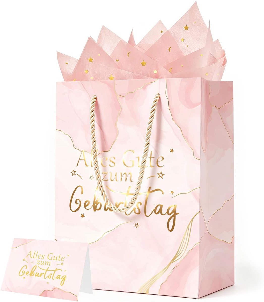 Cadeauzakje verjaardag 20x10x25 cm - roze papieren zakjes - met handvat en wenskaart - ideaal voor geschenken - ShopVlot