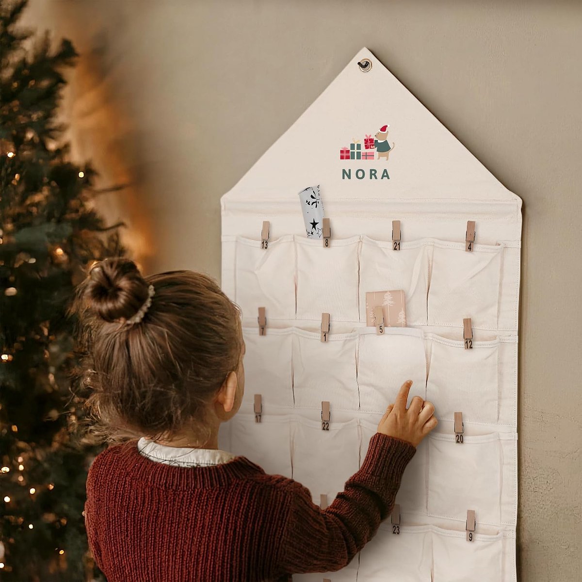 XXL Adventskalender 118 x 49,5 cm - Gepersonaliseerd van Katoen - Unieke Naam en Boodschap voor Kerst - ShopVlot