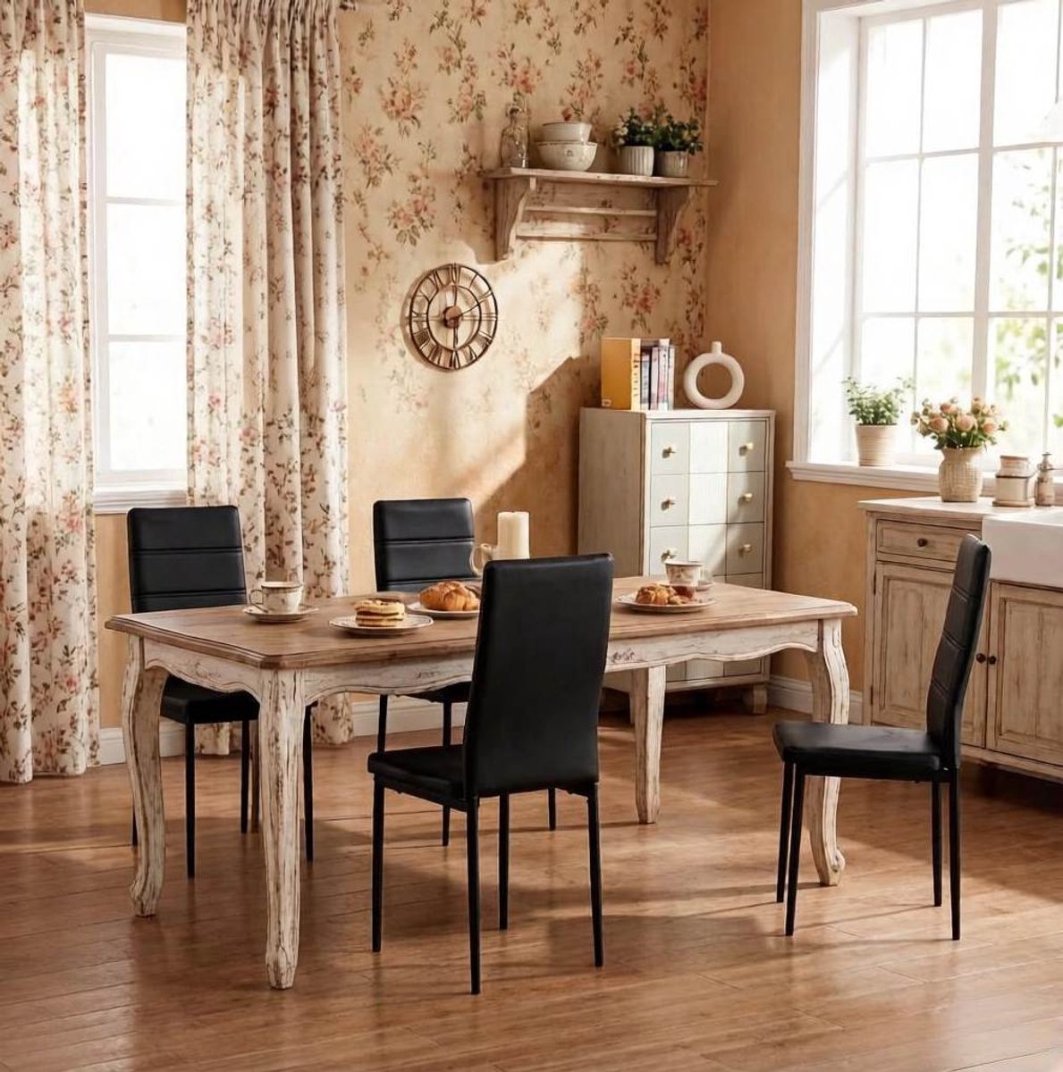 FloraGrace Eetkamerstoel – Hoge Rugleuning En Comfortabele Zitting – Set Van 4 – Kunstleer En Metaal – Zwart – Voor Eetkamer Keuken Of Woonkamer