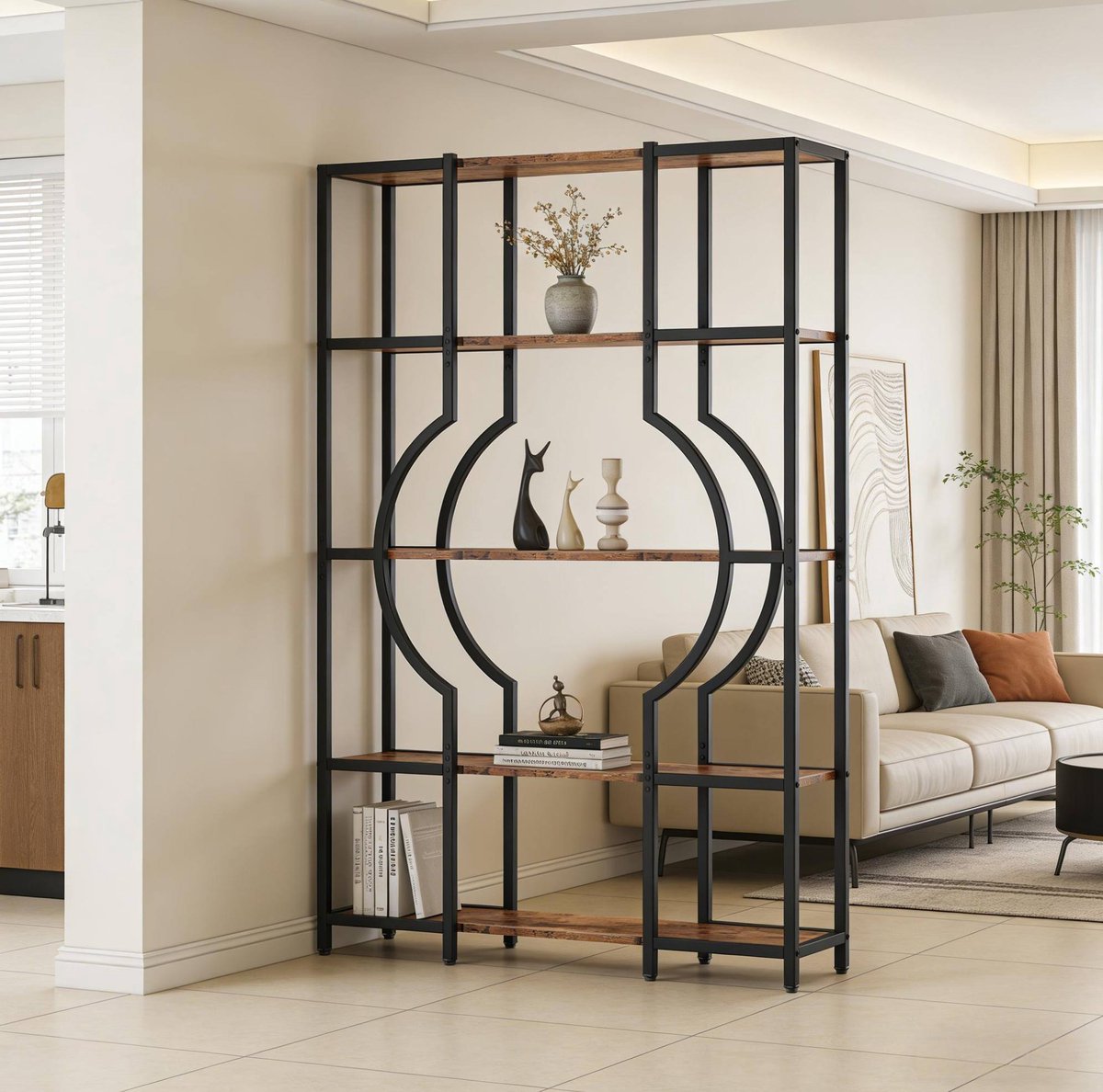 Boekenkast Open Design – 104 x 30 x 169 cm – Hout En Metaal – Zwart En Rustiek Bruin – 5 Niveaus Voor Woonkamer En Werkkamer