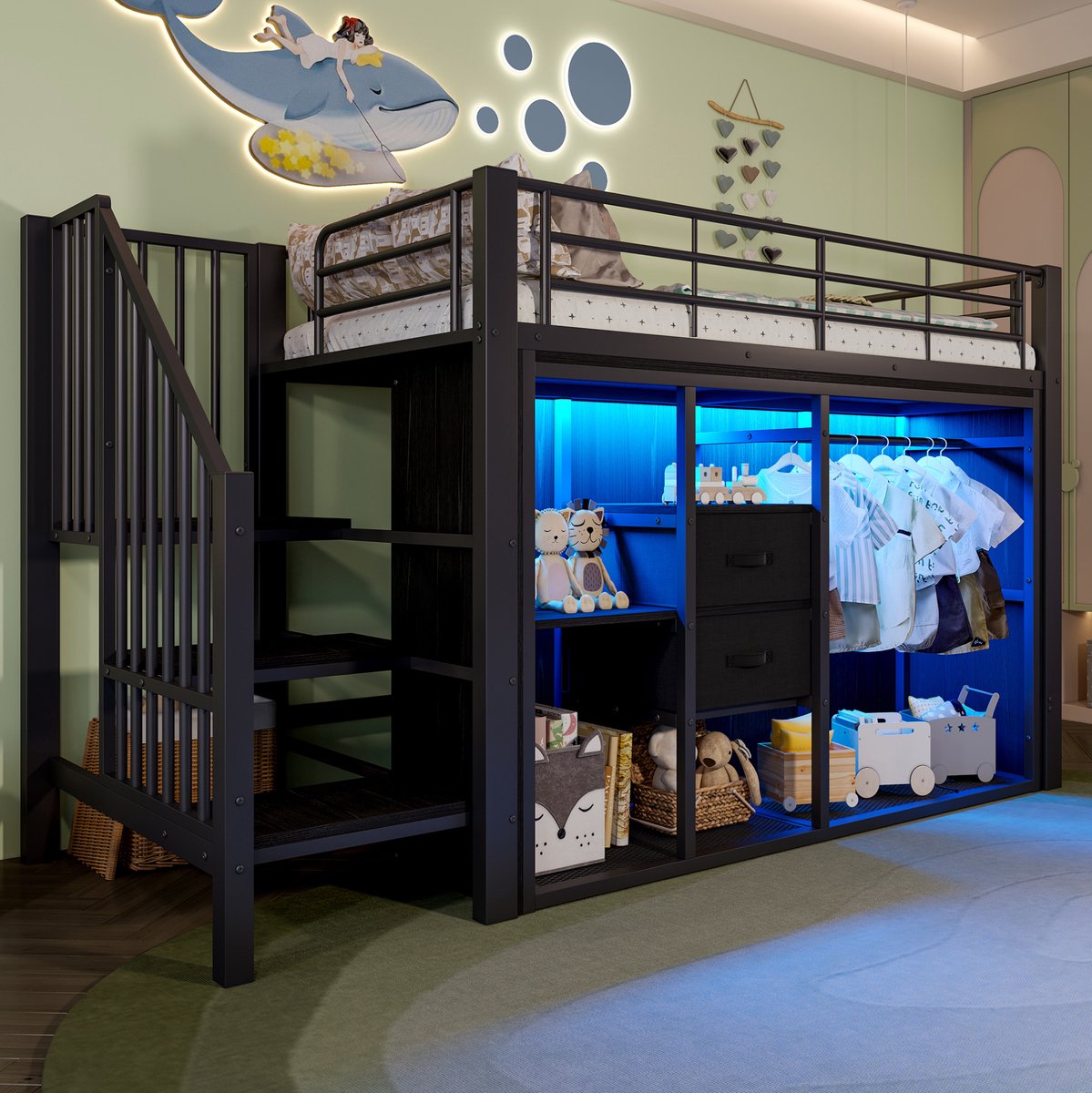 MEUNIQ halfhoogslaper 90x200 cm met 2 lades, open kledingkast, meerdere opbergvakken en LED-verlichting voor kinderkamer, zwart Black