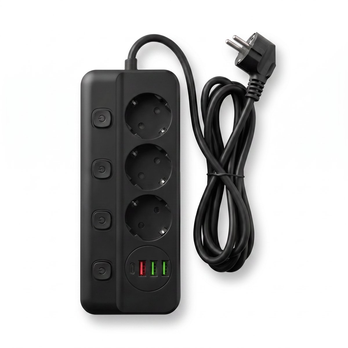 Oneproduct Stekkerdoos met USB C en USB - 3 Stopcontacten - Individuele Schakelaars - 2 Meter Kabel - 2500W - Zwart